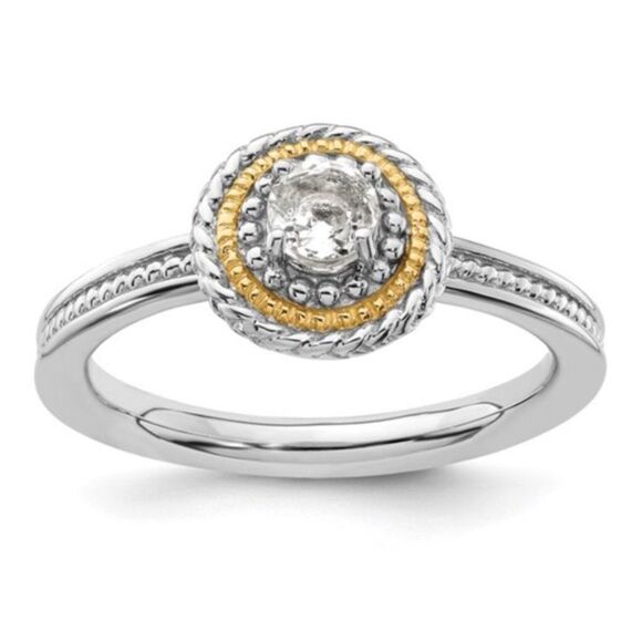 14k Gold & Sterling Silver White Topaz Stone Stackable Ring Size 10 - Picture 1 of 6